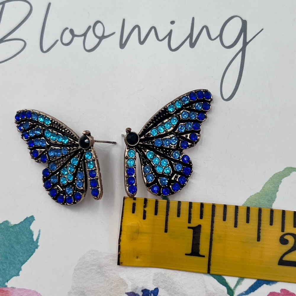Earring Blue Butterfly Wing Rhinestone Post - Picture 4 of 8